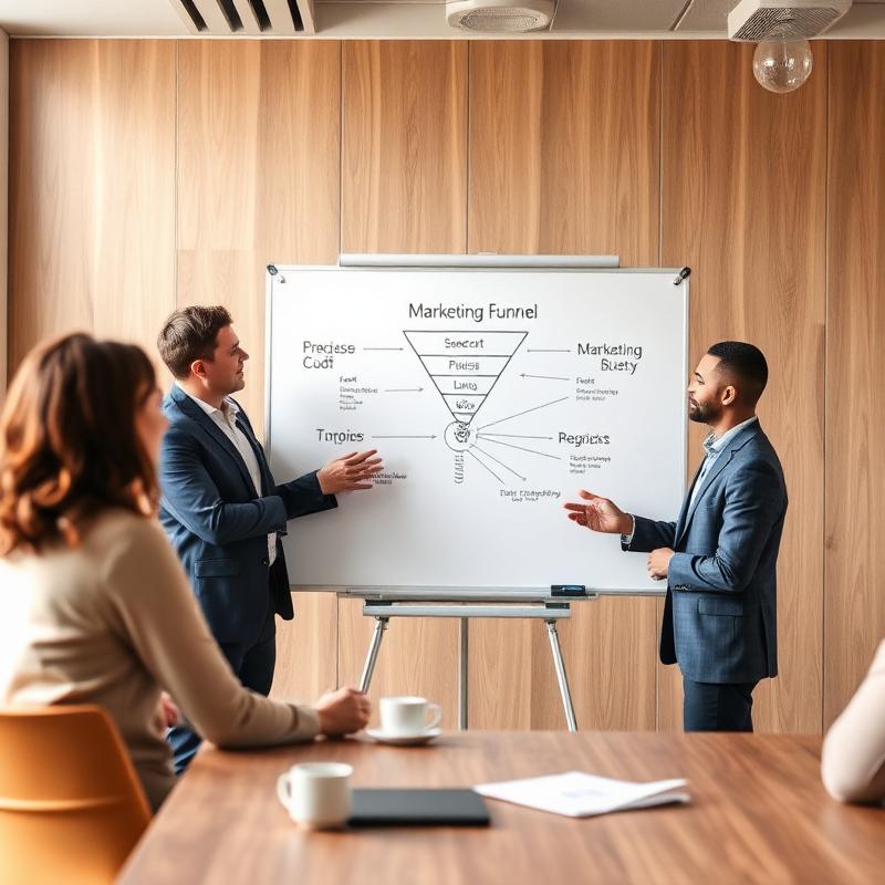 Consulting session with a marketing funnel on a whiteboard
