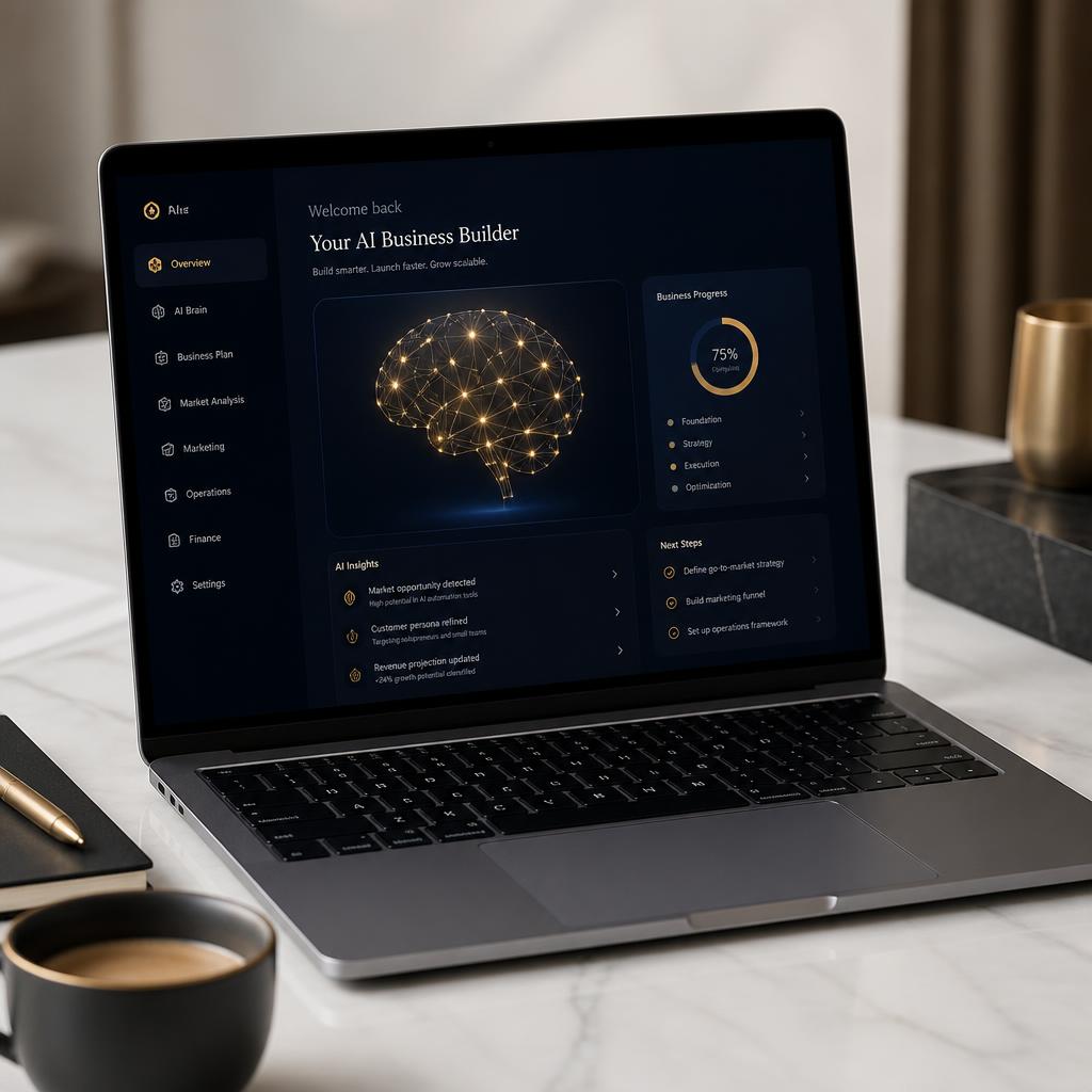 AI business builder dashboard on a laptop