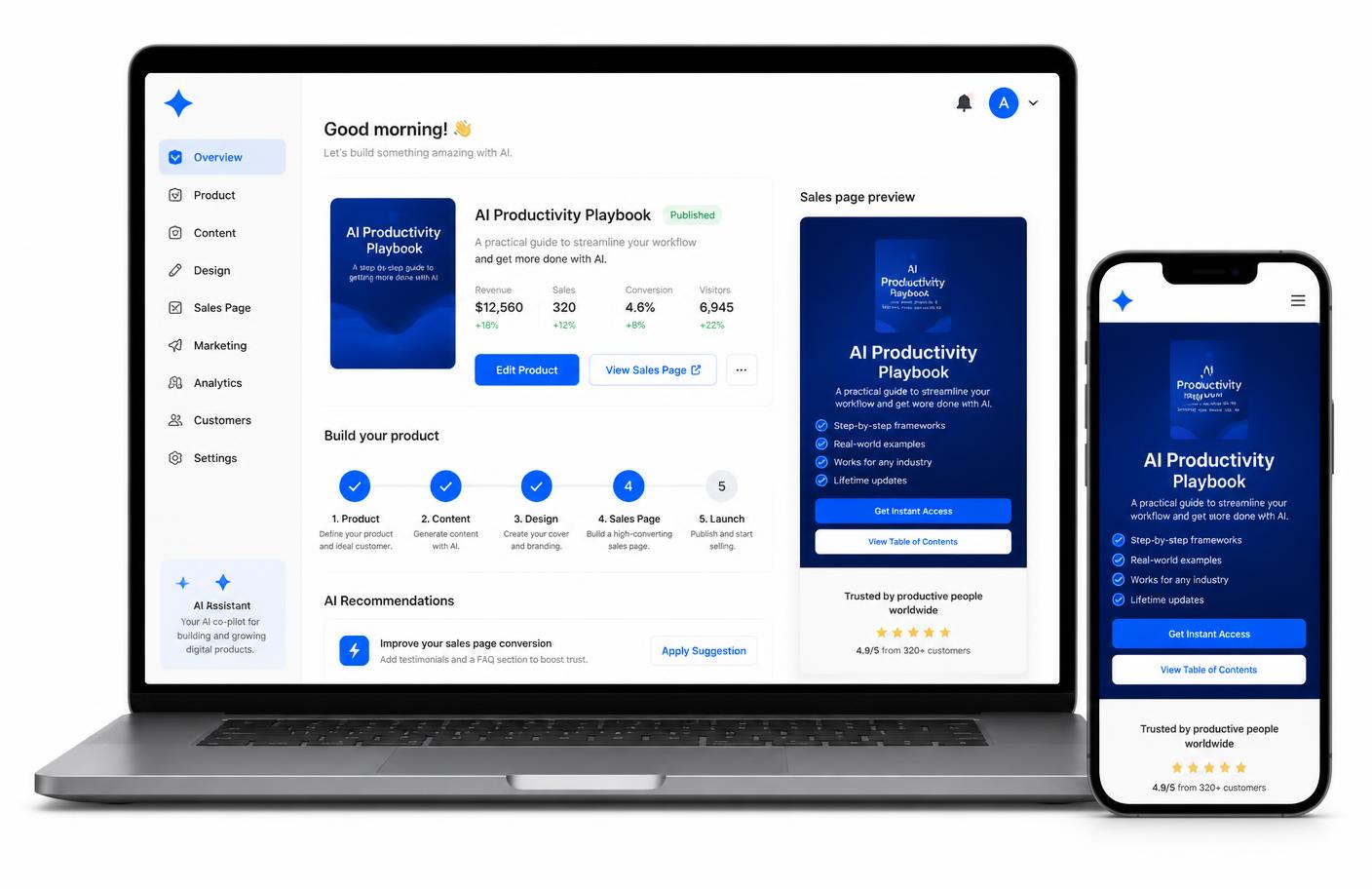 The OfferPress dashboard building a digital product and its sales page
