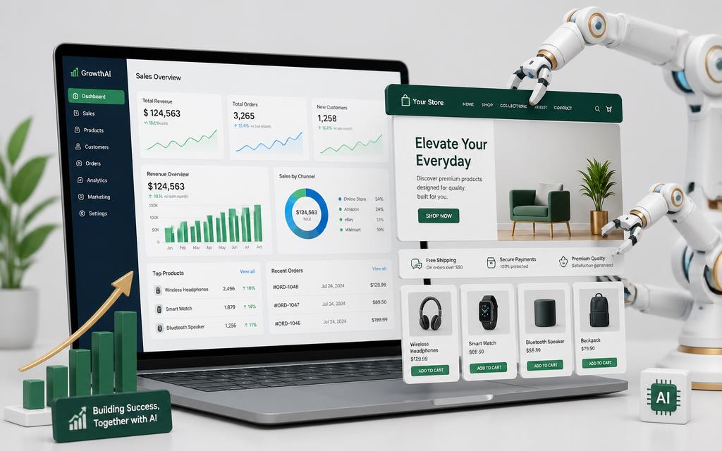 A laptop with a sales page, storefront and email assembling around it