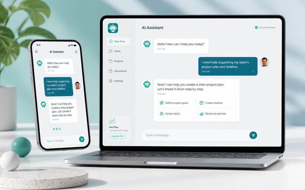 Chat bubbles beside a friendly AI assistant