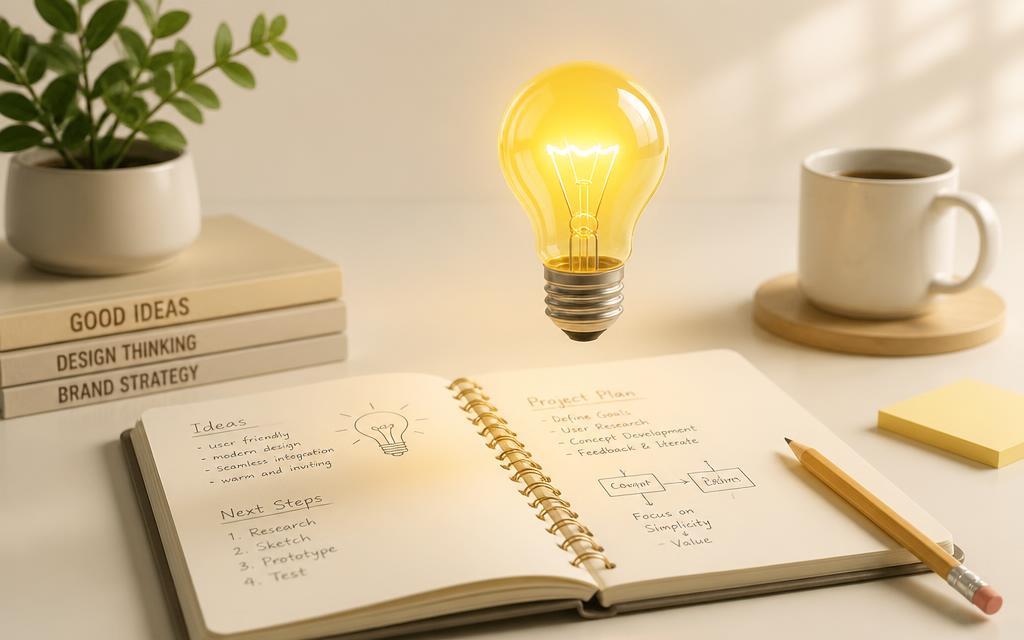 A glowing lightbulb above an open notebook